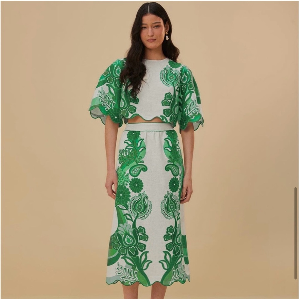 FARM Rio Green Floral Set, midi skirt and top.